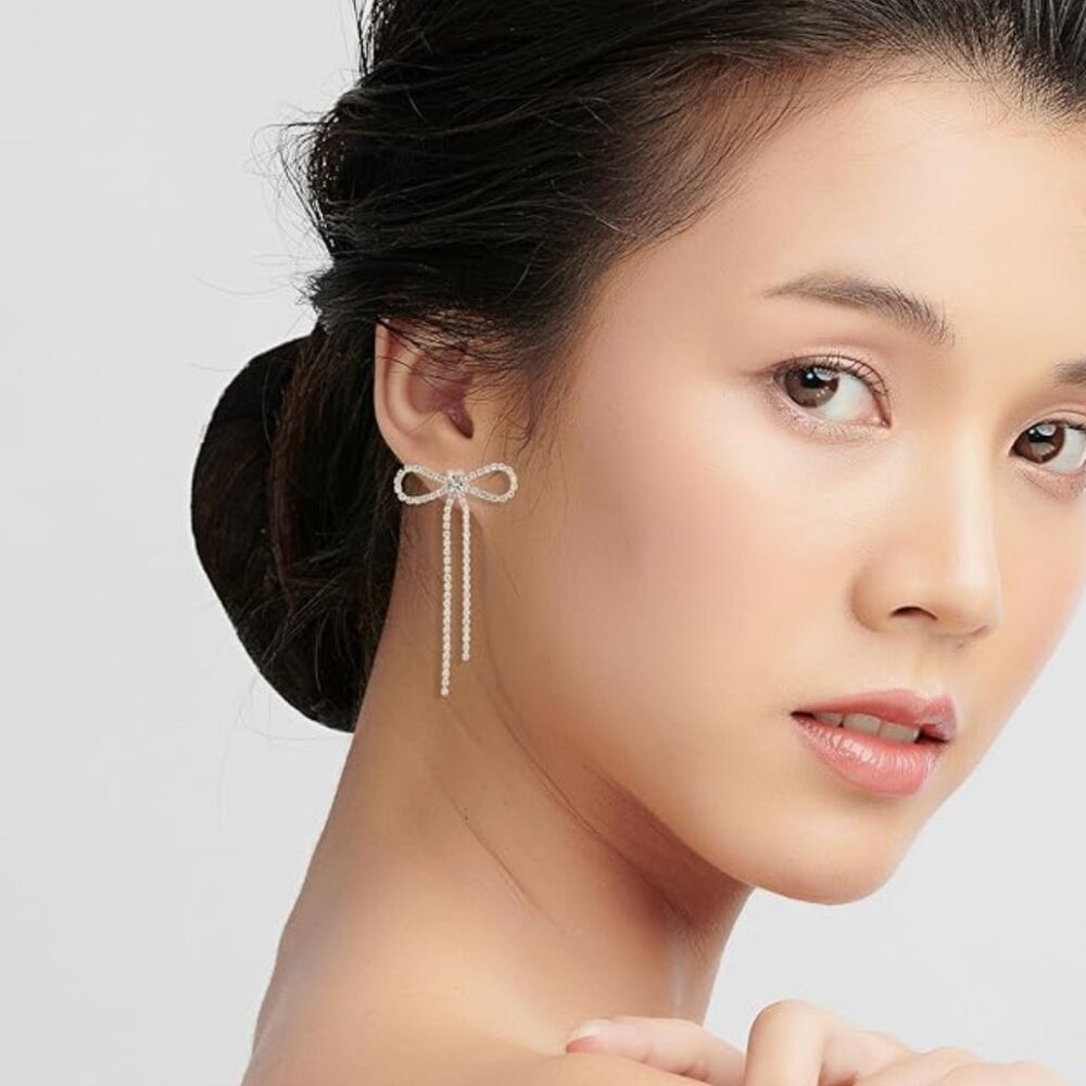 Rhinestone Bow Drop Earrings Silver Crystal Ribbon Dangle Statement